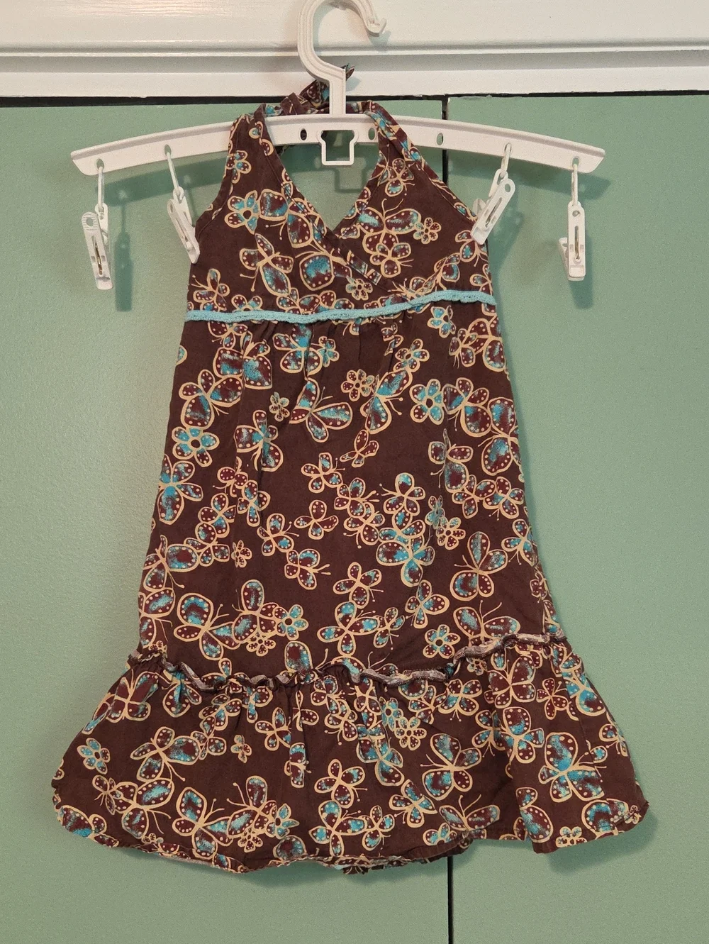 Y2k Zoey Girl Brown Floral Halter Dress with Teal Accents Size 6